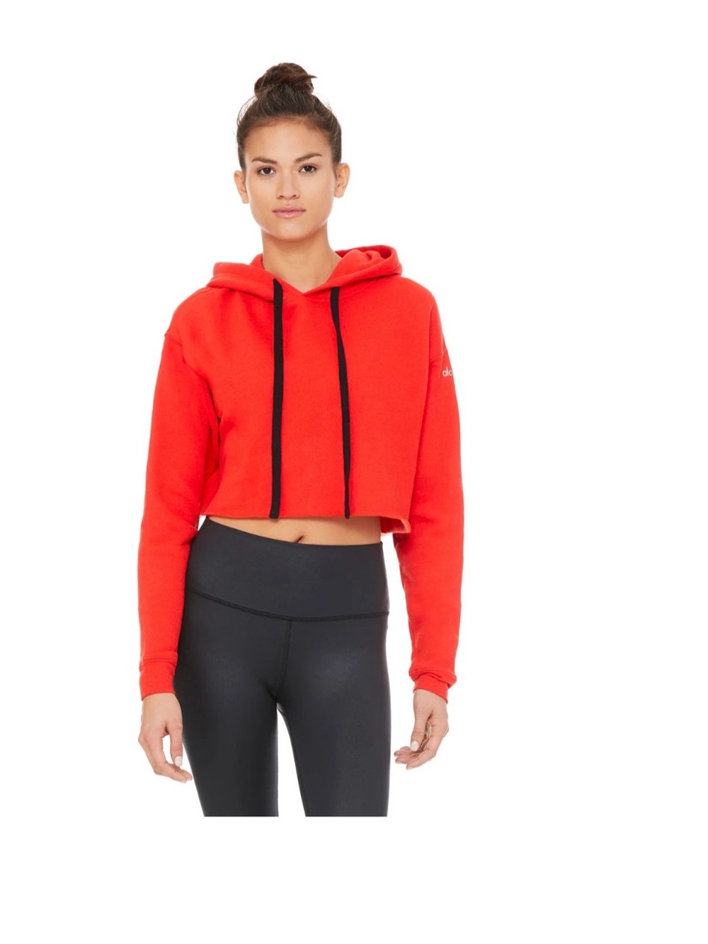 ALO Yoga Women's Bright Red Cropped Hoodie with Black Drawcords
